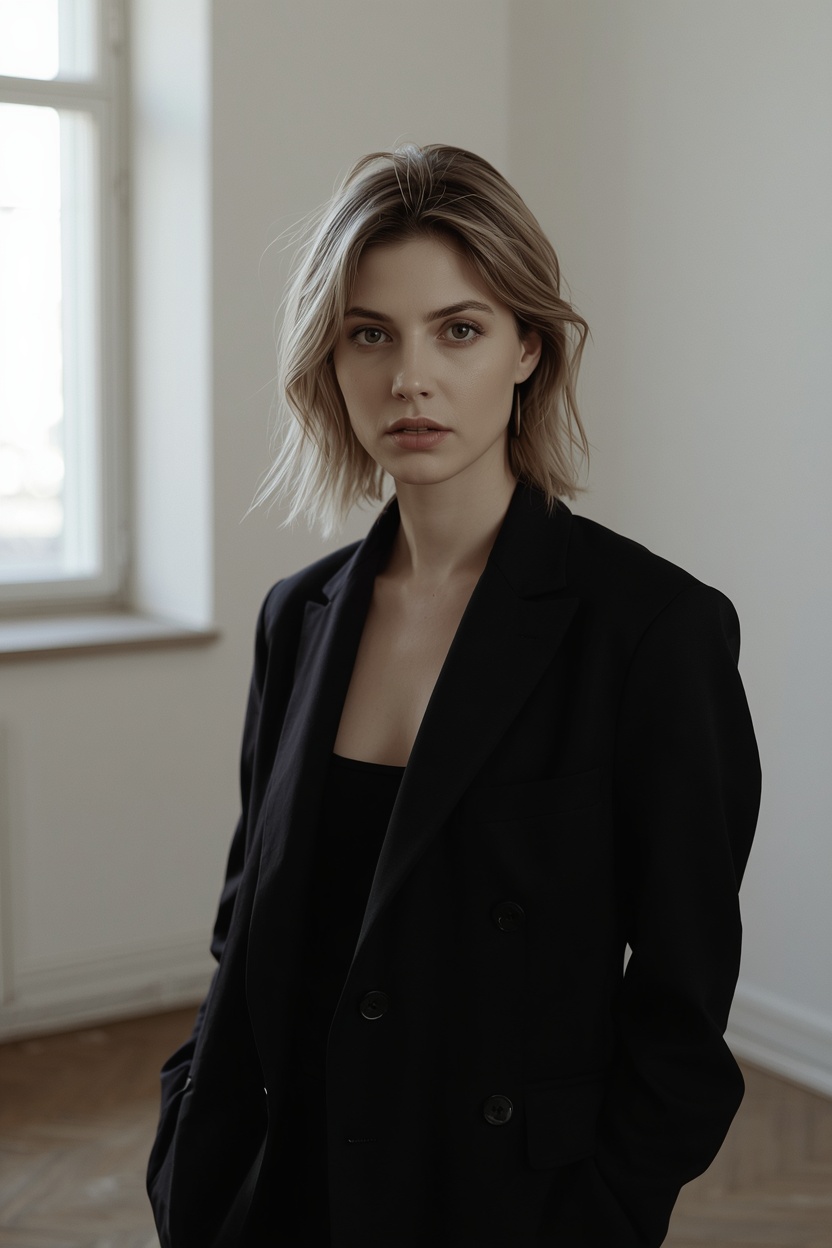 Portrait of photographer Eliška Novák in a black blazer, standing in a softly lit room