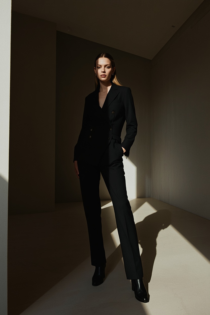Fashion portrait of a model in a sharply tailored black suit lit by a dramatic diagonal shaft of light