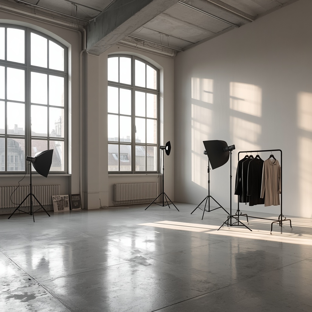 Bright Prague photography studio with large arched windows, softbox lighting and a clothing rack